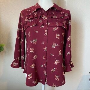 EAM Floral Burgundy Ruffle Blouse